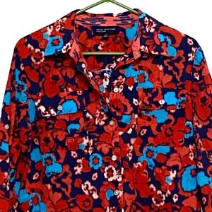 Whimsigoth Floral Button Front Shirt Womens L Red Tropical Retro Bloomcore Bold